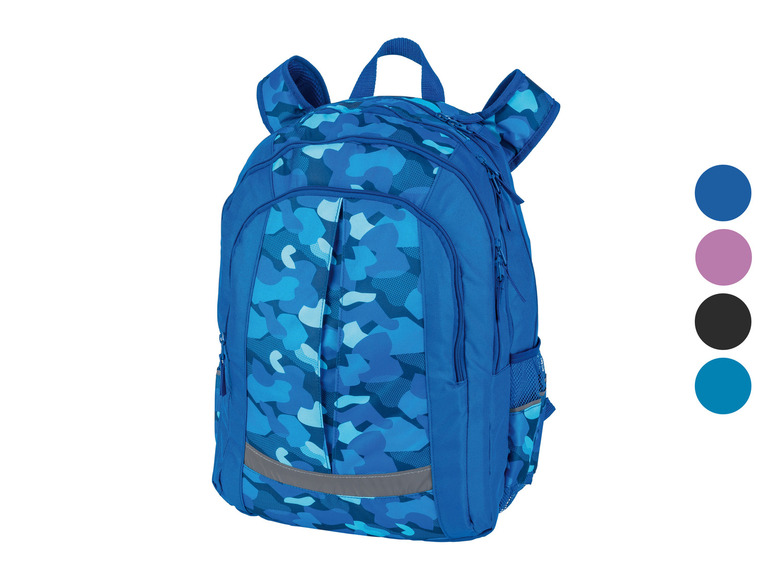 Een blauwe rugzak met camouflageprint.