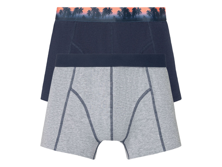 Twee boxershorts, een donkerblauwe en een grijs met palmbomen