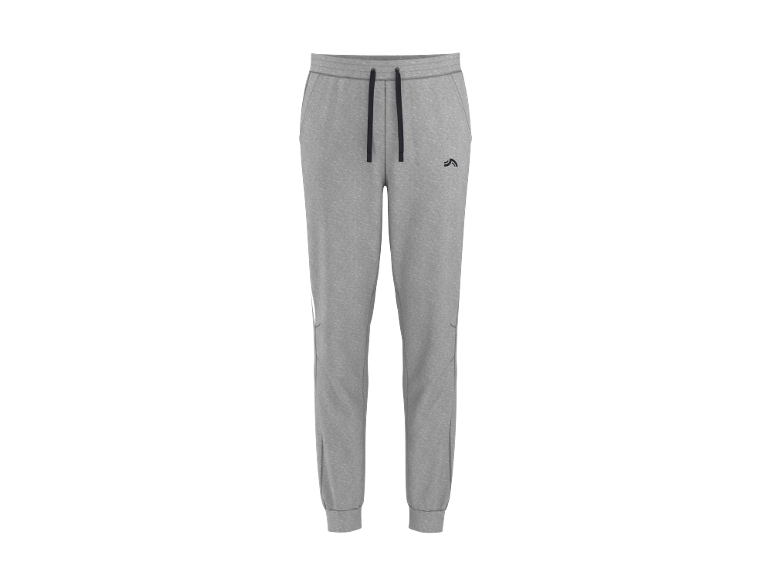 Grijze heren joggingbroek met zwart trekkoord en een klein zwart logo.