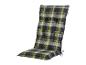 Groen, grijs en wit geruit tuinstoelkussen met een Livarno-label.