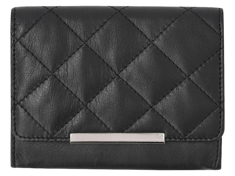 Zwarte gewatteerde portemonnee met een zilveren metalen staaf