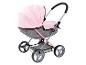 Roze en grijze speelgoedkinderwagen met kap en opbergmand.