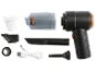 Zwarte handstofzuiger met accessoires: filter, borstels, mondstukken en USB-oplaadkabel.