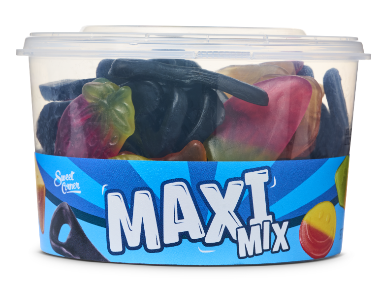 Een transparante snoeppot met gemengde snoepjes, waaronder fruit en zwarte drop, met de tekst 'MAXI MIX'.