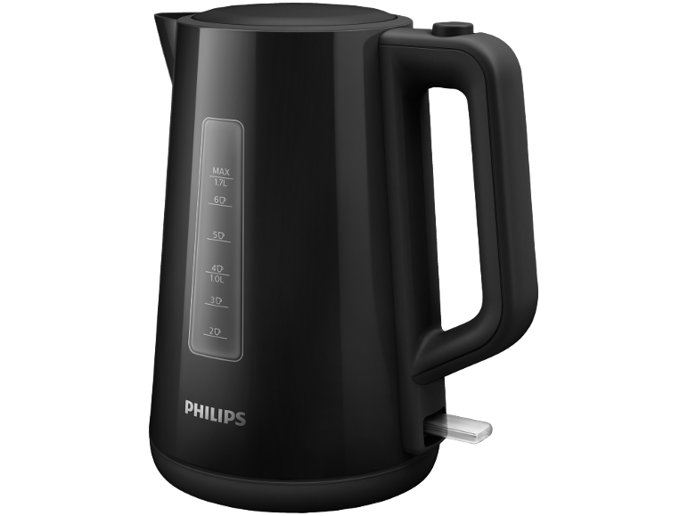 Zwarte waterkoker met waterniveau-indicator en 1,7L inhoud.