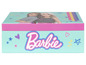 Een roze Barbie-doos met twee poppen en een regenboog.