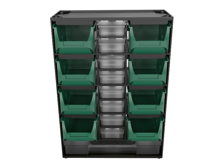 Zwart opbergrek met groene bakken en transparante laden voor kleine voorwerpen.