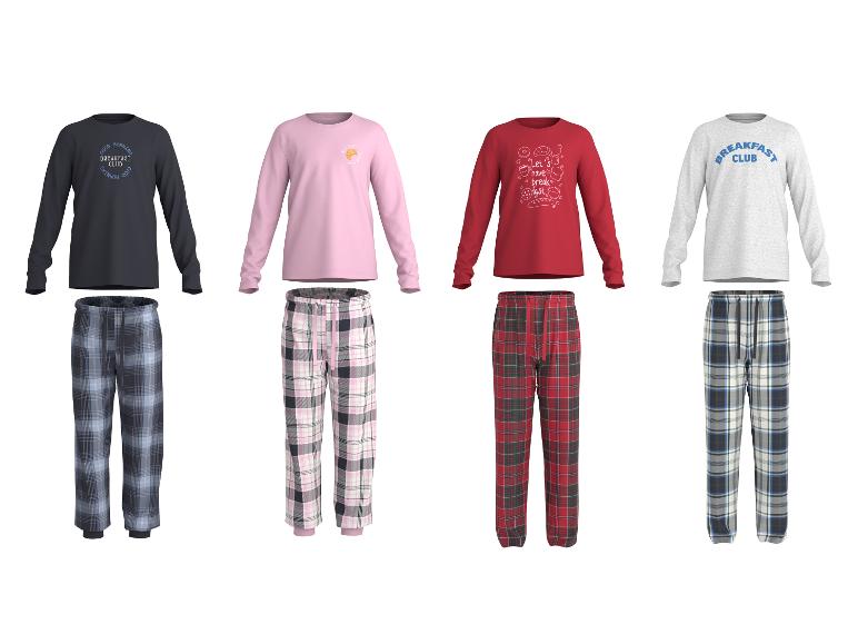 Vier sets pyjama's met lange mouwen en geruite broeken met ontbijtthema-prints.