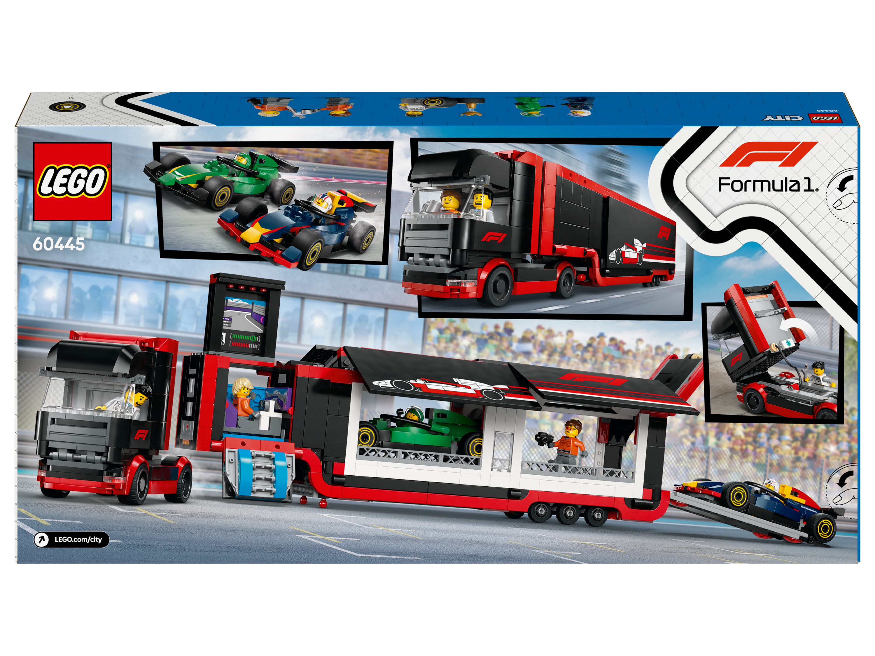 LEGO CITY F1 truck met RB20 en AMR24 F1 auto's 60445