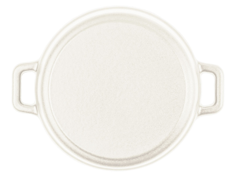 Witte gietijzeren braadpan met twee handvatten.