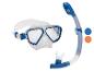 Duikmasker met snorkel in blauwe en transparante kleuren.