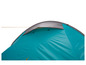 De bovenkant van een turquoise tent met grijze details.