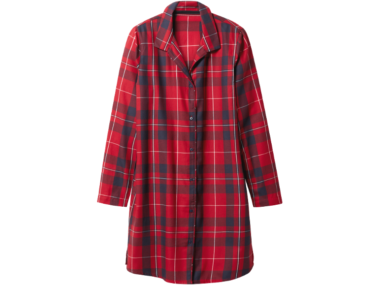 Rood en marineblauw geruit nachthemd met lange mouwen en knoopsluiting.