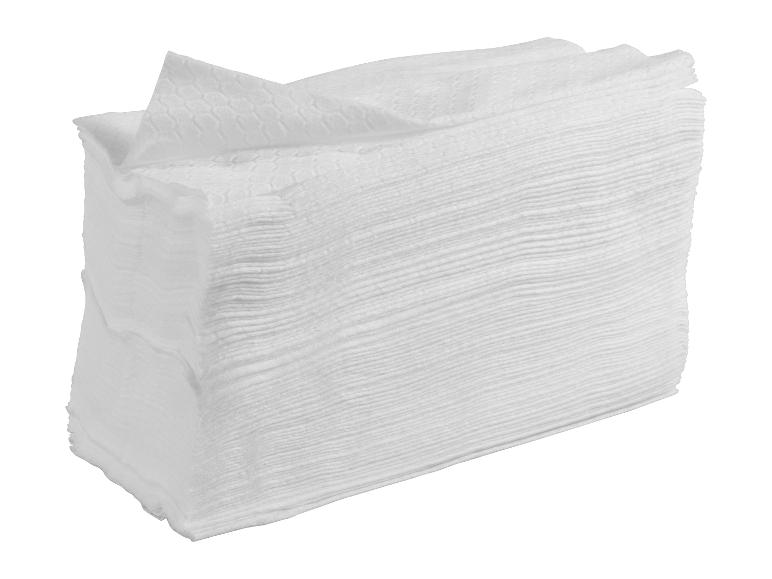 Stapel witte, zachte papieren handdoeken met een reliëfpatroon.