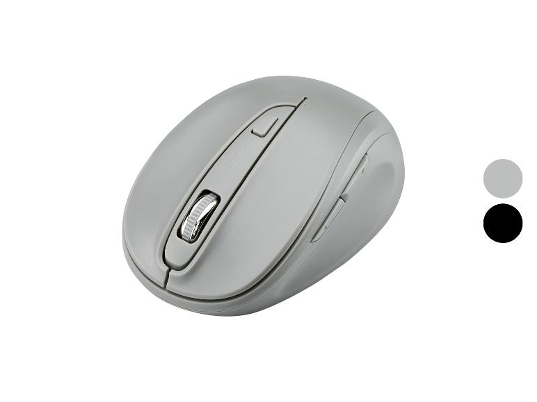 Grijze draadloze muis met scrollwiel en zijknoppen, naast grijze en zwarte kleurstalen.