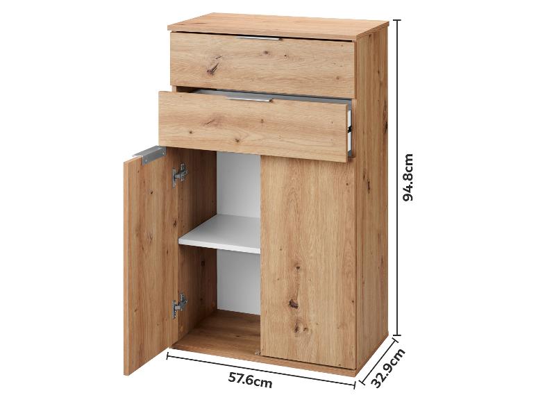 Licht houten effect kast met twee laden en een kast met verstelbare plank, afmetingen 94.8x57.6x32.9cm.