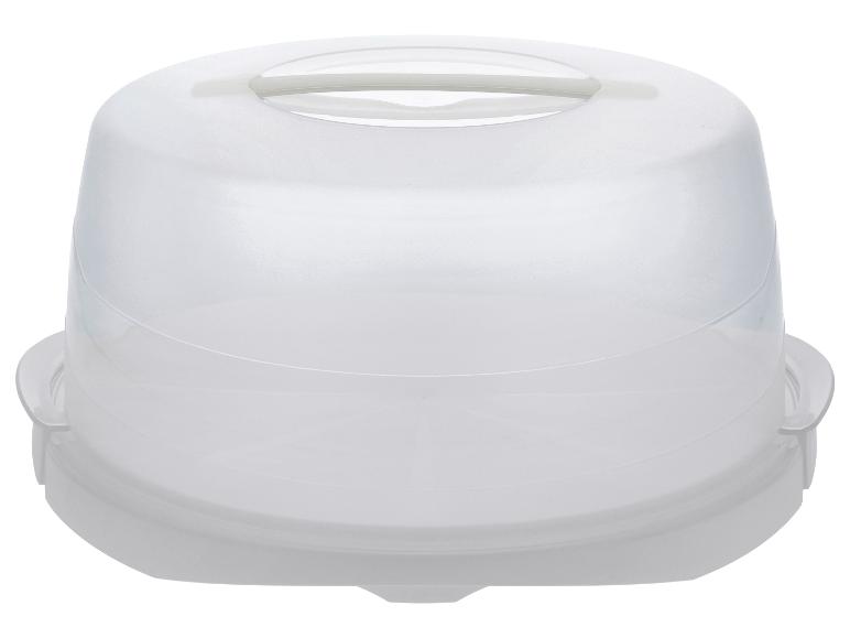 Transparante plastic taartdoos met handvat aan de bovenkant en twee zijsluitingen.