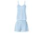Lichtblauwe pyjamaset met camisole top en short, beide afgezet met wit kant.