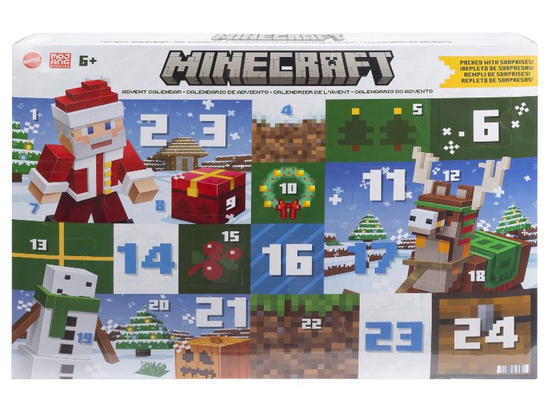 Minecraft adventskalender met 24 vakjes en Minecraft-figuren.