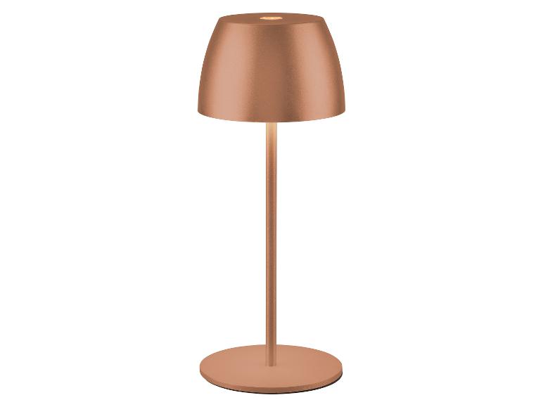 Koperkleurige tafellamp met voet en verlichte kap.