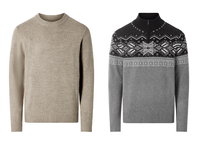Twee herentruien: een effen beige met ronde hals en een grijs-zwart patroon met halve rits.
