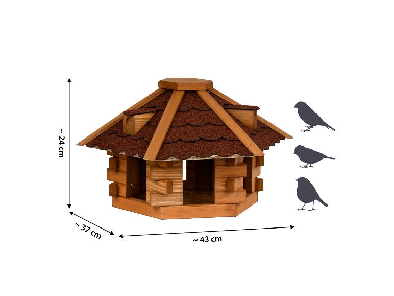 Houten vogelvoederhuisje met bruin dak, 24x37x43 cm, met vogelsilhouetten.