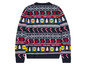 Een donkerblauwe kersttrui met een kerstboom, cadeaus, snoepstokken en het Lidl-logo.