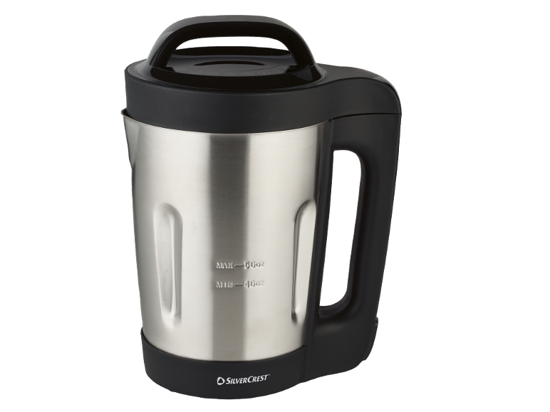 Roestvrijstalen soepmaker met zwart handvat en deksel, met MAX-56oz en MIN-46oz markeringen.