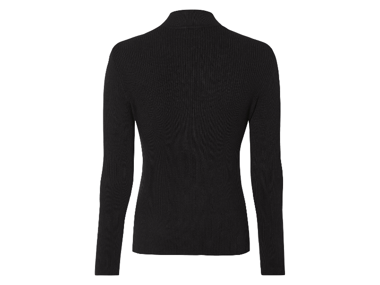Zwarte geribbelde trui met hoge hals.