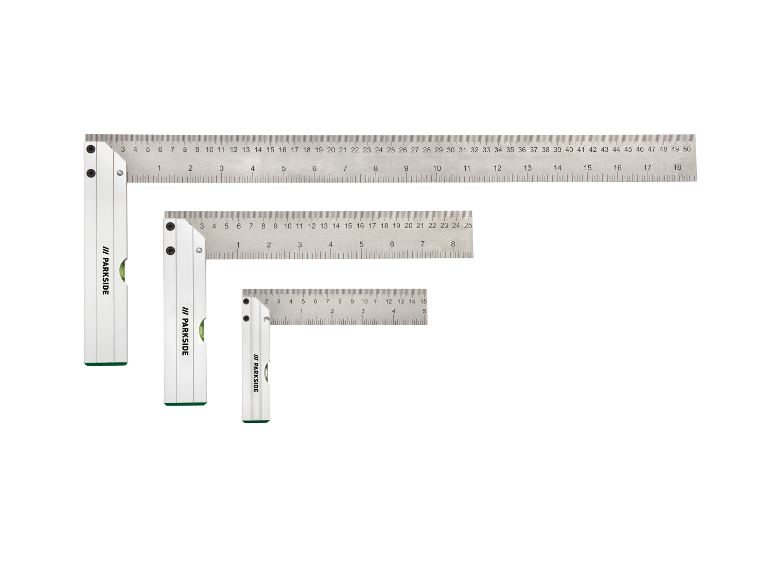 Drie Parkside winkelhaken met ingebouwde waterpas.
