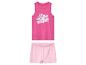 Meisjesset: roze topje met witte bloemenprint en lichtroze shorts.