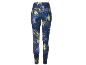 Dames sportlegging met hoge taille in blauw-geel camouflagepatroon.