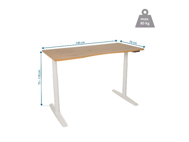 Verstelbaar bureau met houten blad, 140x70 cm, hoogte 73-118 cm, max. 80 kg.
