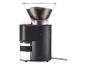 Zwarte koffiemolen met transparante containers voor bonen en gemalen koffie.