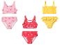 Kinderbikinisets: roze met kersen, rood met aardbeien en geel met ruches.