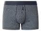 Gestreepte grijze herenboxershorts met donkerblauwe elastische tailleband.