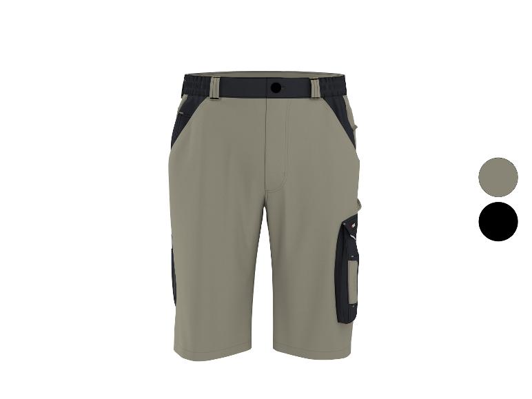 Tweekleurige beige en zwarte werkshorts met zijzakken.