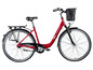 Een rode Zündapp stadsfiets met een mandje en bagagedrager.