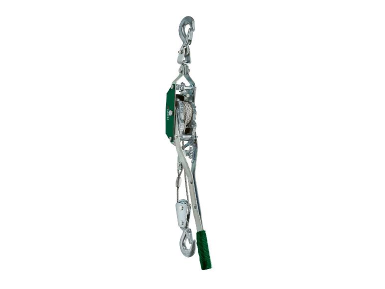 Staalkabeltakel met haken en groen handvat