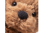 Close-up van het gezicht van een bruine pluche teddybeer met een zwarte neus en ogen.