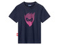 Een donkerblauw T-shirt met een roze masker-print