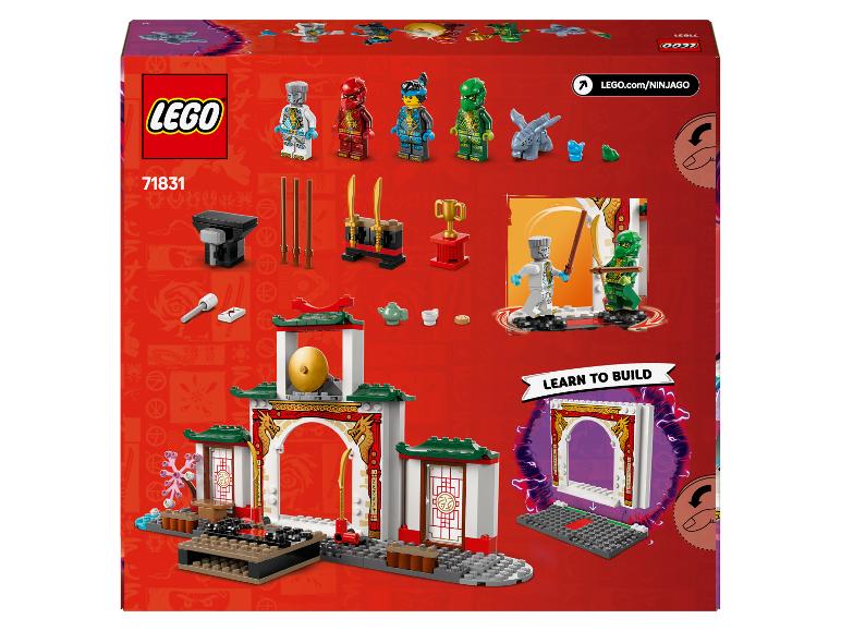 LEGO Ninjago 71831 doos met minifiguren, accessoires en een bouwbare tempel.