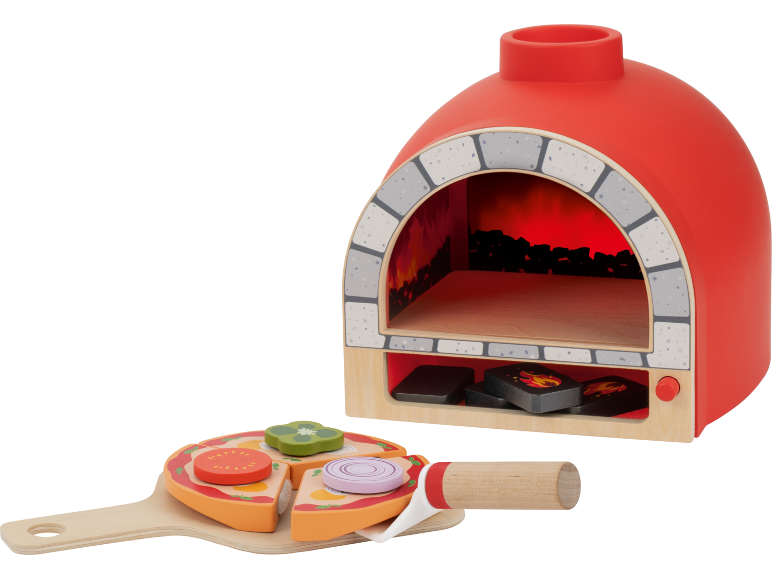 Houten speelgoedpizzaoven met een pizza op een schep, met diverse toppings.