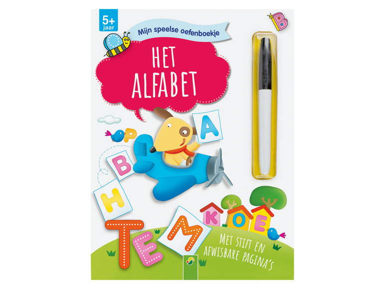 Een oefenboekje voor kinderen om het alfabet te leren, met een stift en afwisbare pagina's.