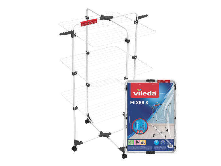 Wit drielaags droogrek met verpakking, toont flexibiliteit en 30m droogruimte.