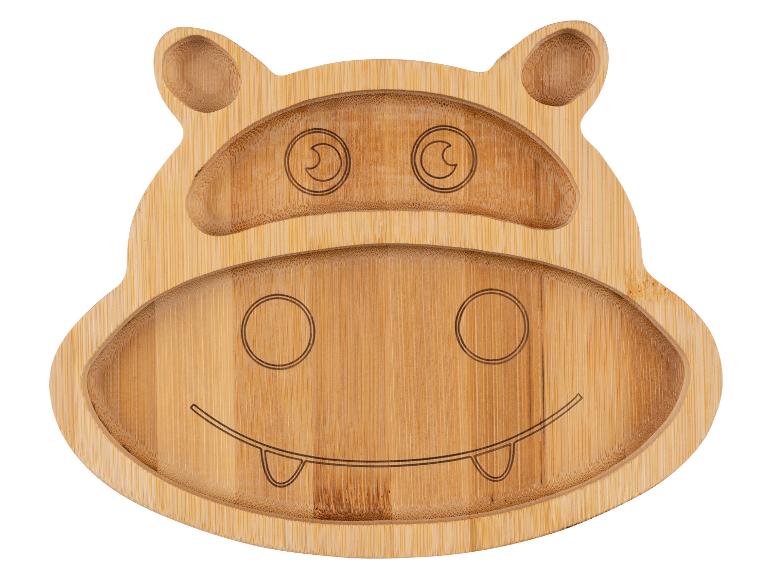 Bambussen kinderbord in de vorm van een nijlpaard, met compartimenten.