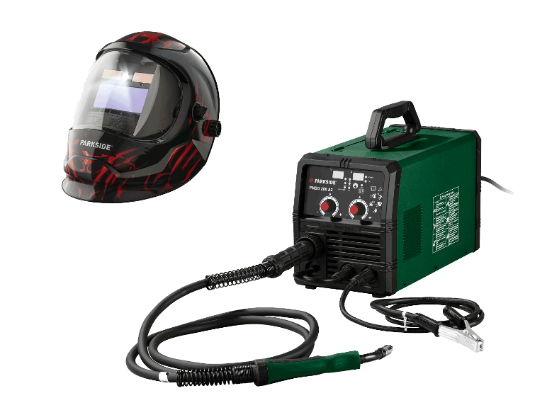 Parkside lasapparaat en lasmasker met rood vlammenontwerp.