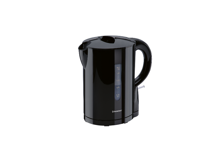 Zwarte SilverCrest elektrische waterkoker op een witte achtergrond.