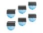 Zes op zonne-energie werkende LED-buitenlampen met blauwgetinte, schelpvormige diffusers.