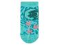 Turquoise sokken met dieren- en bloemenprint.